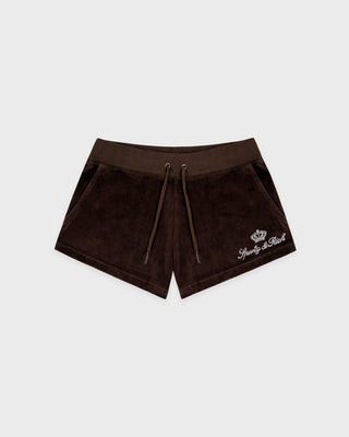 SPORTY & RICH - Juicy Script Velour Short in Chocolate