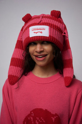 LOVERBOY - CHUNKY RABBIT BEANIE in RED PINK STRIPE