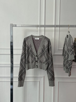 GIUSEPPE - WOOL TARTAN KNITWEAR CROP CARDIGAN / GREY