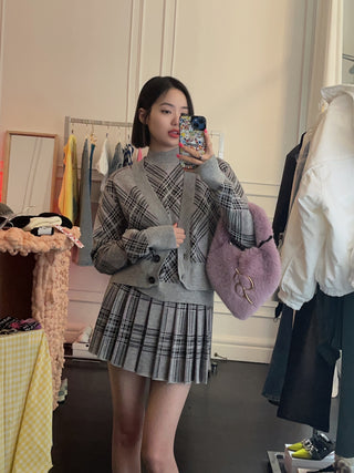 GIUSEPPE - WOOL TARTAN KNITWEAR CROP CARDIGAN / GREY
