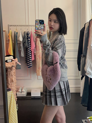 GIUSEPPE - WOOL TARTAN KNITWEAR CROP CARDIGAN / GREY