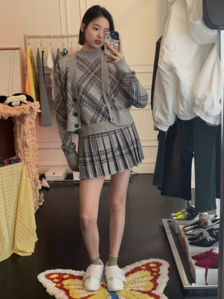 GIUSEPPE - WOOL TARTAN KNITWEAR CROP CARDIGAN / GREY