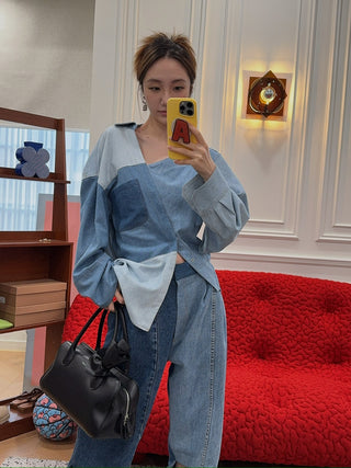 A.W.A.K.E. OFF SHOULDER UPCYCLED DENIM TOP