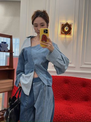 A.W.A.K.E. OFF SHOULDER UPCYCLED DENIM TOP