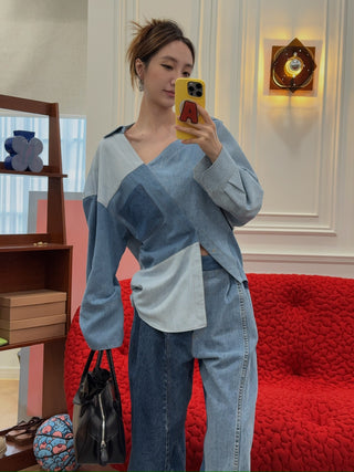 A.W.A.K.E. OFF SHOULDER UPCYCLED DENIM TOP