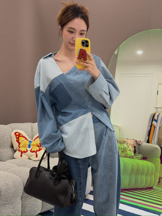 A.W.A.K.E. OFF SHOULDER UPCYCLED DENIM TOP