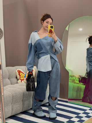 A.W.A.K.E. OFF SHOULDER UPCYCLED DENIM TOP