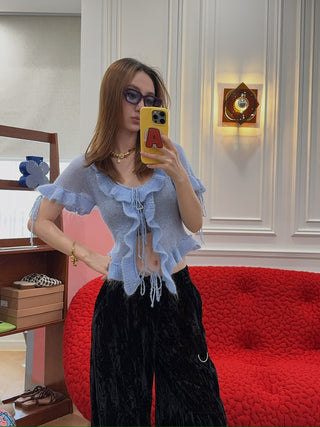 GUIZIO - Ruffle Knit Tie Top in Baby Blue