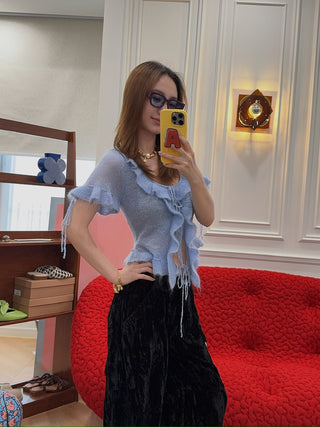 GUIZIO - Ruffle Knit Tie Top in Baby Blue