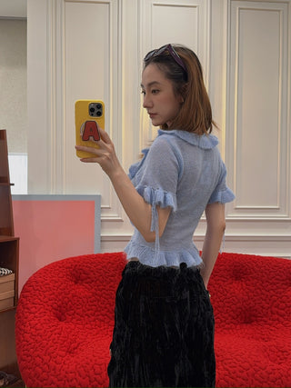 GUIZIO - Ruffle Knit Tie Top in Baby Blue