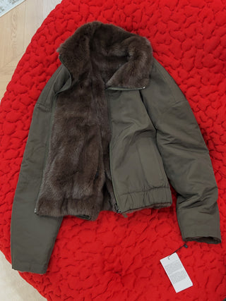 YVES SALOMON - JACKET TECHNCAL FABRIC REVERSIBLE MINK / GREEN/DARK LICHEN