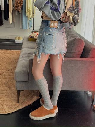 NATASHA ZINKO DENIM DESTROYED SKIRT