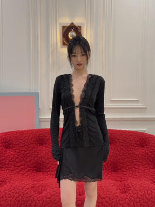 VAILLANT - Long Sleeve Fitted Cardigan with Lace Trim & Belt Det in Black