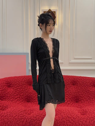 VAILLANT - Long Sleeve Fitted Cardigan with Lace Trim & Belt Det in Black