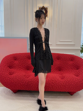 VAILLANT - Signature Satin Mini Skirt with Lace in Black