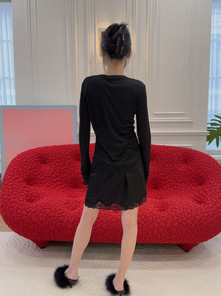 VAILLANT - Signature Satin Mini Skirt with Lace in Black