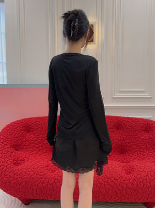 VAILLANT - Long Sleeve Fitted Cardigan with Lace Trim & Belt Det in Black