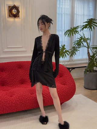 VAILLANT - Long Sleeve Fitted Cardigan with Lace Trim & Belt Det in Black