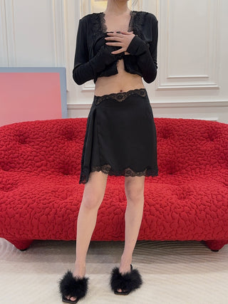 VAILLANT - Signature Satin Mini Skirt with Lace in Black