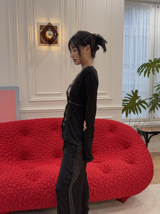 VAILLANT - Long Sleeve Fitted Cardigan with Lace Trim & Belt Det in Black