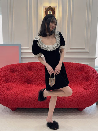 FOR LOVE & LEMONS - La Vie En Bow Velvet Mini Dress in Black