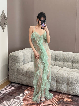 BLUMARINE - Long Lace Dress with Flounce and Slit in Green Lily