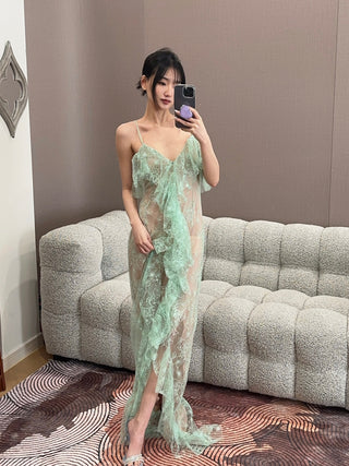 BLUMARINE - Long Lace Dress with Flounce and Slit in Green Lily