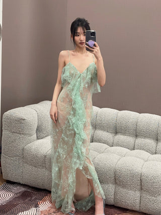 BLUMARINE - Long Lace Dress with Flounce and Slit in Green Lily
