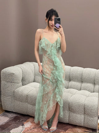 BLUMARINE - Long Lace Dress with Flounce and Slit in Green Lily