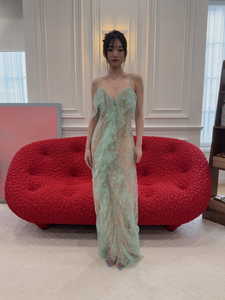 BLUMARINE - Long Lace Dress with Flounce and Slit in Green Lily