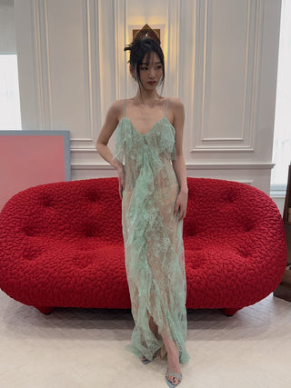 BLUMARINE - Long Lace Dress with Flounce and Slit in Green Lily