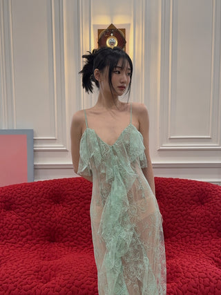 BLUMARINE - Long Lace Dress with Flounce and Slit in Green Lily