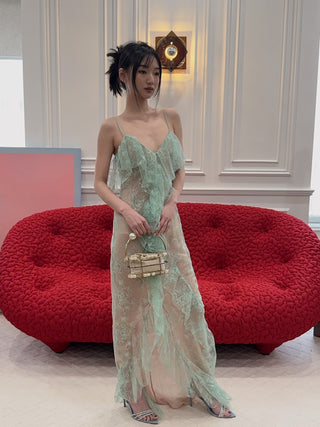 BLUMARINE - Long Lace Dress with Flounce and Slit in Green Lily