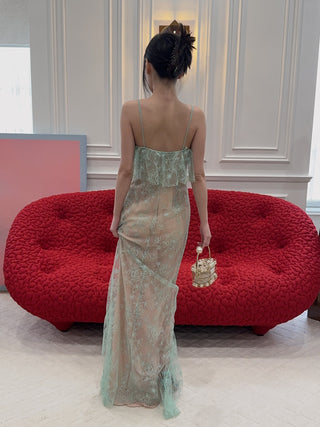 BLUMARINE - Long Lace Dress with Flounce and Slit in Green Lily