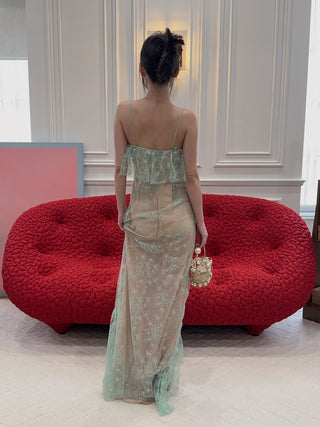 BLUMARINE - Long Lace Dress with Flounce and Slit in Green Lily