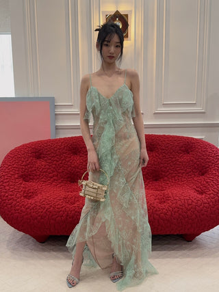 BLUMARINE - Long Lace Dress with Flounce and Slit in Green Lily