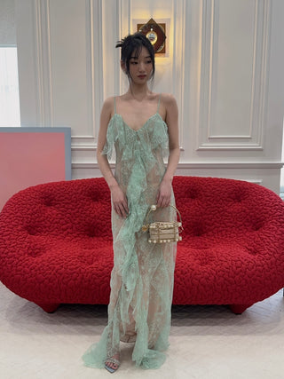 BLUMARINE - Long Lace Dress with Flounce and Slit in Green Lily