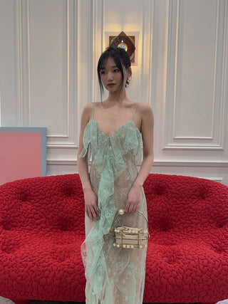 BLUMARINE - Long Lace Dress with Flounce and Slit in Green Lily