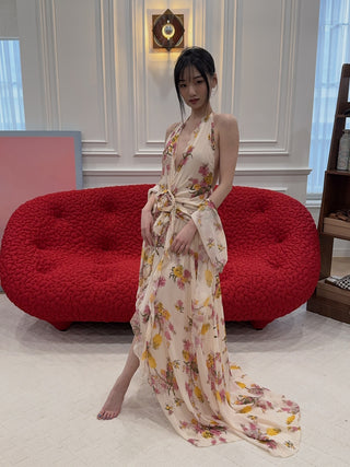 Blumarine - Long Viscose Georgette Dress with Rose and Ruffles in Ambe A'FAVOR SYDNEY Blumarine - Long Viscose Georgette Dress with Rose and Ruffles in Ambe A'FAVOR SYDNEY