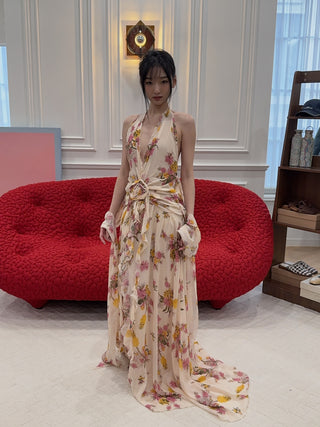 BLUMARINE - Long Viscose Georgette Dress with Rose and Ruffles in Amber/Bubble