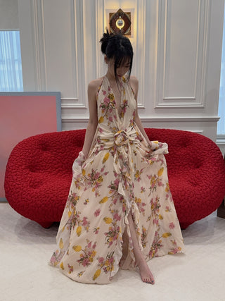 BLUMARINE - Long Viscose Georgette Dress with Rose and Ruffles in Amber/Bubble