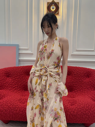 BLUMARINE - Long Viscose Georgette Dress with Rose and Ruffles in Amber/Bubble