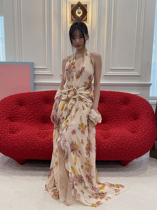 BLUMARINE - Long Viscose Georgette Dress with Rose and Ruffles in Amber/Bubble