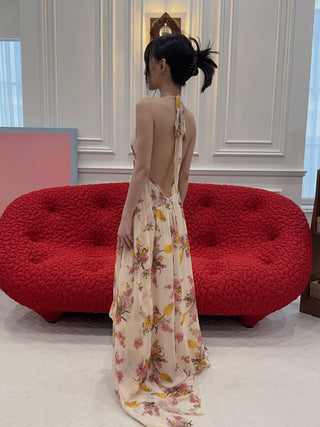 BLUMARINE - Long Viscose Georgette Dress with Rose and Ruffles in Amber/Bubble