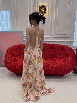 BLUMARINE - Long Viscose Georgette Dress with Rose and Ruffles in Amber/Bubble