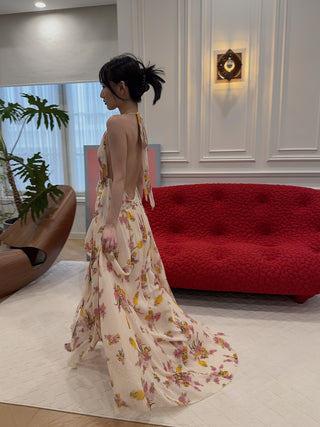 BLUMARINE - Long Viscose Georgette Dress with Rose and Ruffles in Amber/Bubble