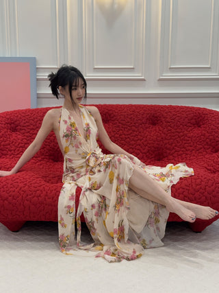 BLUMARINE - Long Viscose Georgette Dress with Rose and Ruffles in Amber/Bubble