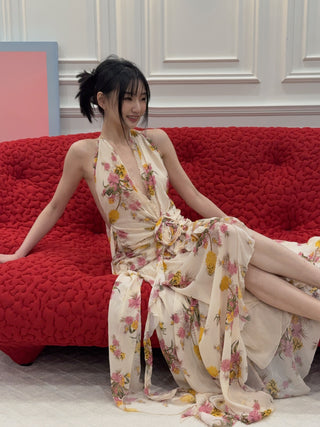 BLUMARINE - Long Viscose Georgette Dress with Rose and Ruffles in Amber/Bubble