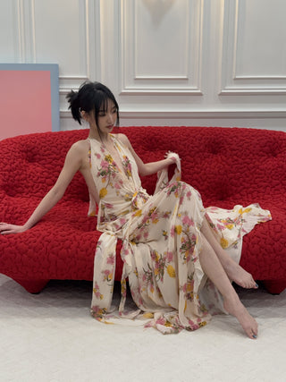 BLUMARINE - Long Viscose Georgette Dress with Rose and Ruffles in Amber/Bubble