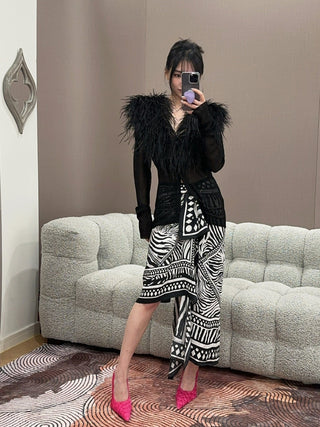 BLUMARINE - Knit Cardigan with Feathered Neck in Black